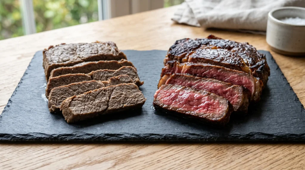 To master the pan seared steak medium rare recipe, look at this side-by-side science hack. An overcooked grey cut sits next to a perfect pink slice on a dark board resting on a light oak wood table. Bright natural window light shows the rich juices of the right cook. This strictly no utensils setup is the easy and quick way to see the difference. Pull it early for the best results every time