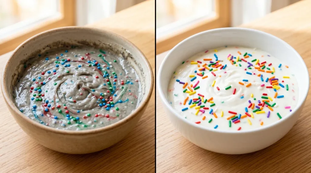 A side-by-side bowl comparison of bleeding batter and clean batter for a sprinkle cake recipe on a light oak wood table.