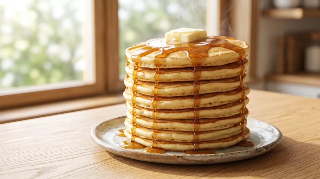 To see why this is the best fluffy pancake recipe, look at this steaming tall stack on a ceramic plate resting on a light oak wood table. Bright natural window light perfectly highlights the hot melting butter and thick syrup drips. This strictly no utensils setup is the quick and easy way to show a beautiful morning meal. The thick, soft texture proves why this easy trick gives the best results!!!