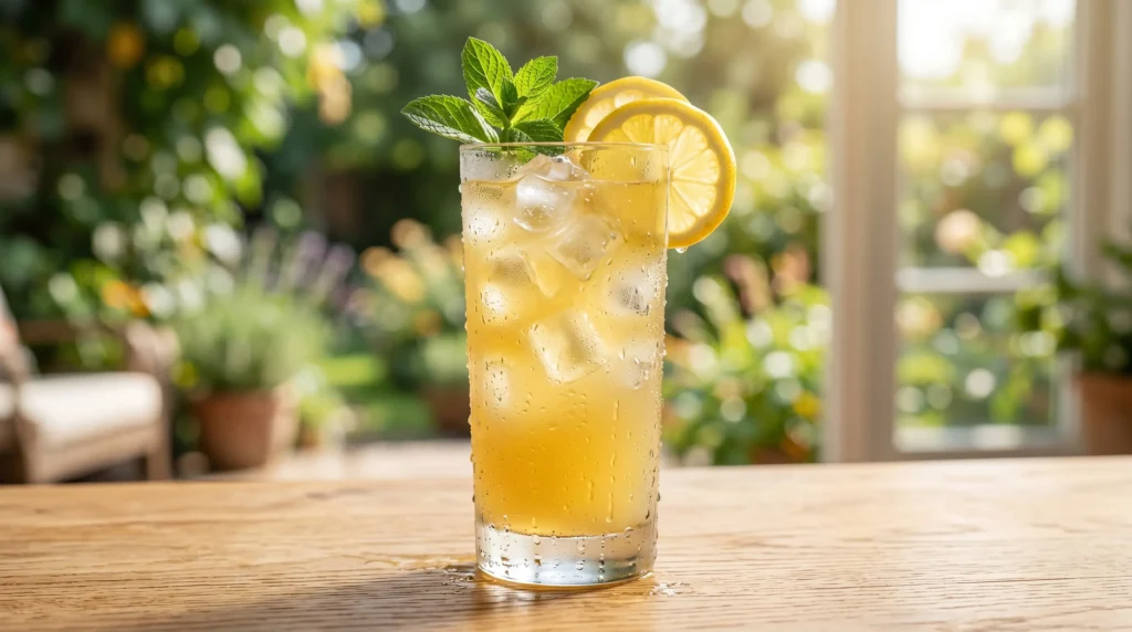 A tall frosty glass showing the best homemade lemonade recipe on a light oak wood table with bright natural light.