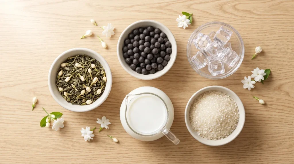 To show the best jasmine milk tea recipe, ingredients like jasmine tea leaves, boba pearls, ice, milk, and sugar sit in bowls on a light oak wood table. Fresh jasmine flowers are scattered nearby in bright natural window light. We follow the strictly zero utensils rule here for a clean look. Gathering these items is the quick and easy way to start your batch. This shot is perfect for your Viral Food Hacks fans today.