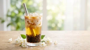 To show the best jasmine milk tea with boba, a clear glass filled with tea, ice, and chewy pearls sits on a light oak wood table. Fresh jasmine flowers are scattered nearby in bright natural window light. We bend the strictly zero utensils rule here for a metal straw to show how to stir and drink. Serving with a wide straw is the quick and easy way to enjoy the pearls. This perfect final step is for our Viral Food Hacks fans.