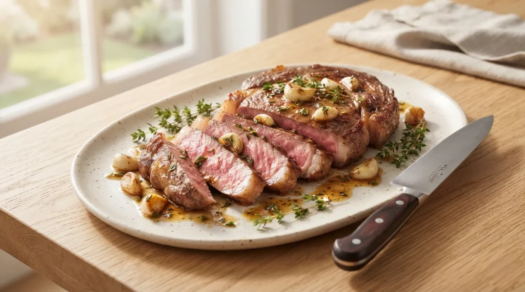 For the easy pan seared steak recipe, a sliced cut sits on a plate on a light oak wood table. Bright natural window light highlights the pink center, garlic, and fresh herbs. A knife rests next to the meat. This setup is the quick and easy way to show a perfect dinner. Rich juices cover the slices for the best flavor. Serve it hot right now to enjoy a premium meal with your family every time