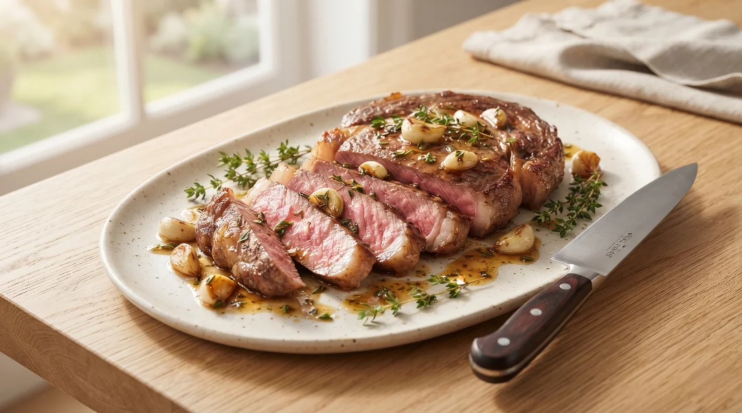 For the easy pan seared steak recipe, a sliced cut sits on a plate on a light oak wood table. Bright natural window light highlights the pink center, garlic, and fresh herbs. A knife rests next to the meat. This setup is the quick and easy way to show a perfect dinner. Rich juices cover the slices for the best flavor. Serve it hot right now to enjoy a premium meal with your family every time