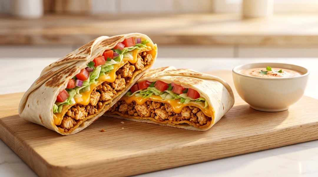 A recipe card cover for a homemade chicken crunch wrap showing a halved wrap on a wooden board next to a small bowl of dipping sauce.