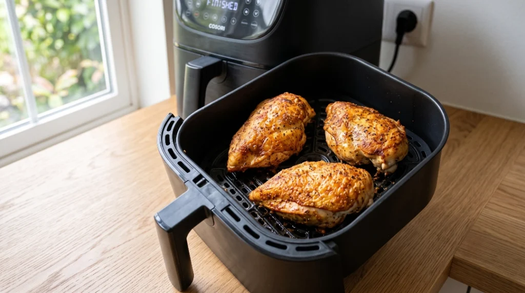 Air fryer chicken breast recipe showing an open black air fryer basket containing three perfectly golden, seasoned chicken breasts resting on a bright, light oak wood counter.