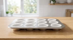 Bakery style banana chocolate chip muffins preparation showing a 12-cup silver metal muffin tin lined with white paper liners sitting on a light wooden kitchen counter.