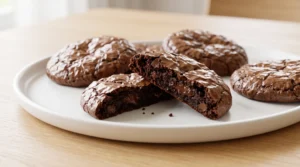 Bakery style brownie cookies showing freshly baked, crinkly chocolate cookies on a white serving plate with one cookie broken open to reveal a fudgy, melty center.