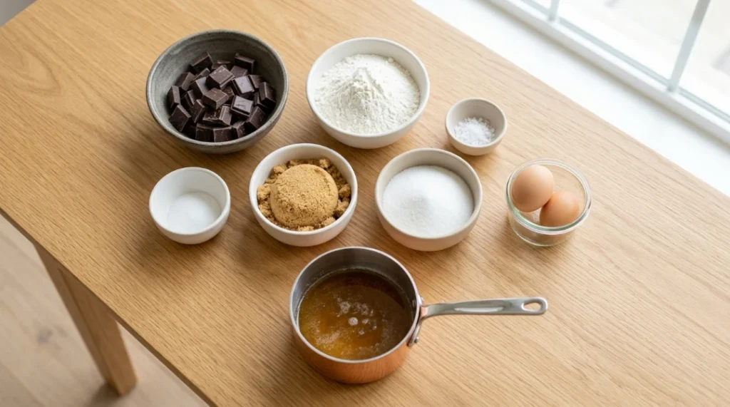 Bakery style chewy chocolate chip cookies ingredients flat lay showing a bowl of chocolate chunks, flour, brown sugar, white sugar, fresh eggs, and a saucepan of browned butter on a bright light oak wooden counter.