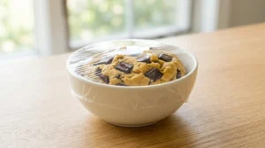 A white bowl filled with chocolate chunk cookie dough covered tightly with plastic wrap, resting on a bright, light oak wooden counter for a bakery style chocolate chip cookies recipe.