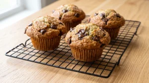 Banana chocolate chip muffins resting on a black wire cooling rack on a light wooden table by a window, showing golden domed tops and melted chocolate chips.