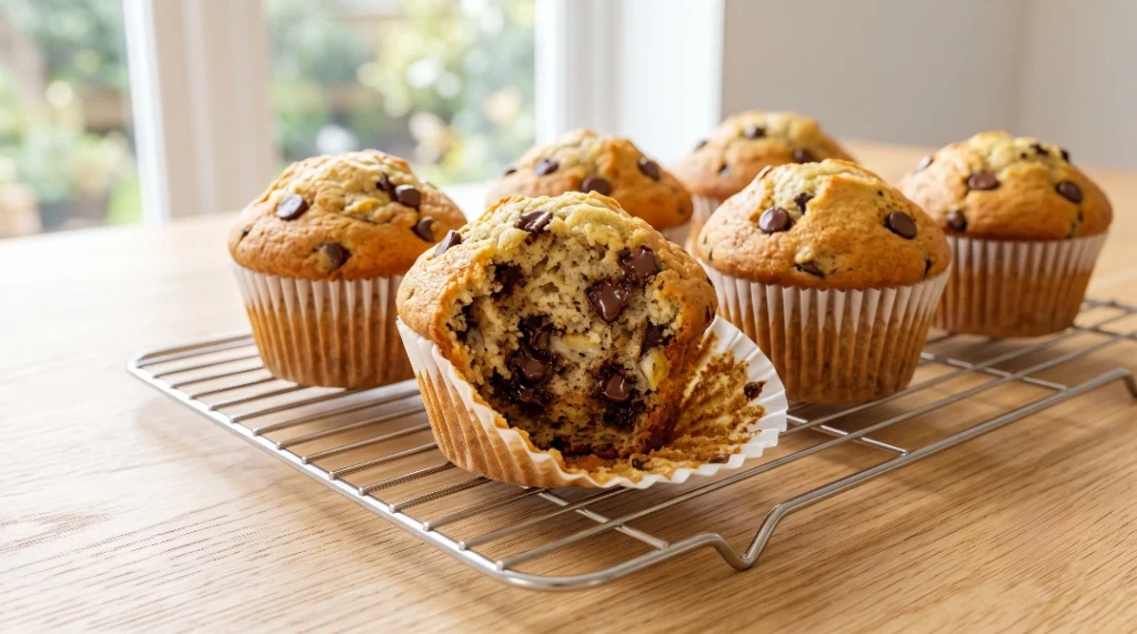 Banana chocolate chip muffins cover image showing a batch of freshly baked muffins on a metal wire cooling rack by a bright window, with one muffin in the front opened to reveal a soft crumb and melted chocolate chips.