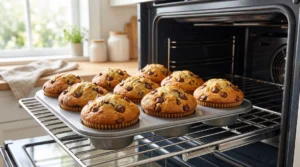 Banana chocolate chip muffins recipe baking instruction showing a tray of golden-brown muffins with tall domed tops resting inside an oven.