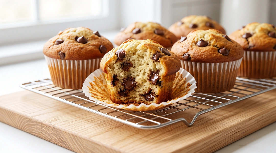 Banana chocolate chip muffins recipe WPRM cover showing a half-eaten muffin with melted chocolate inside, resting on an open paper liner on a wire cooling rack next to other muffins.