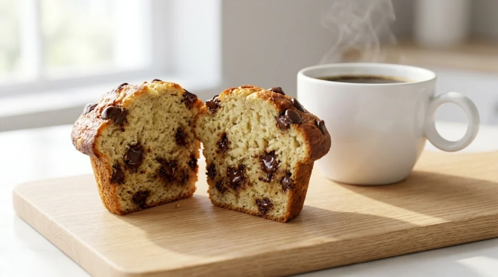 Banana chocolate chip muffins serving idea showing a split muffin revealing a soft crumb and melted chocolate next to a steaming white cup of coffee on a wooden cutting board.