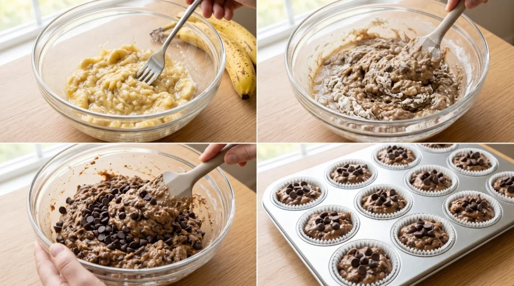 A four-part collage showing how to make banana chocolate chip muffins from scratch: mashing bananas with a fork in a glass bowl, using a spoon to mix wet and dry ingredients, folding in chocolate chips, and a filled metal muffin tin ready for the oven.