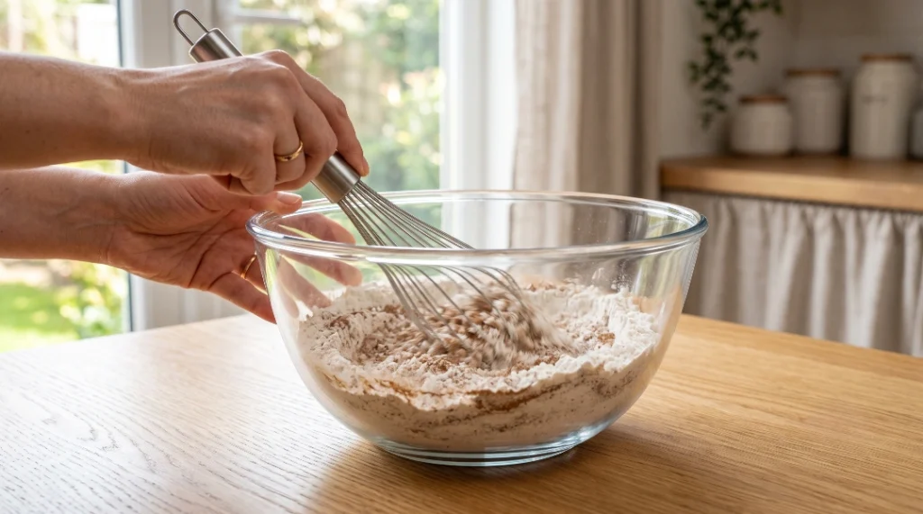 Banana chocolate chip muffins with cinnamon preparation showing hands using a metal whisk to blend flour and spices inside a large clear glass bowl sitting on a light wooden table by a window.