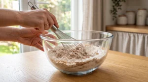 Banana chocolate chip muffins with cinnamon preparation showing hands using a metal whisk to blend flour and spices inside a large clear glass bowl sitting on a light wooden table by a window.