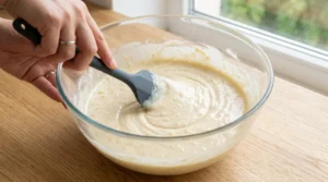 Banana chocolate chip muffins with sour cream preparation showing a hand using a spoon to mix a smooth, pale batter inside a large clear glass bowl sitting on a light wooden counter by a window.