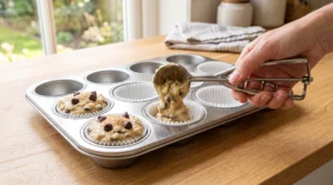 Best banana chocolate chip muffins preparation showing a hand using a metal cookie scoop to overfill a paper-lined metal muffin tin with thick batter, topped with extra chips and turbinado sugar.