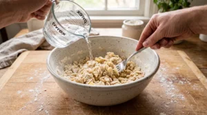 A hand pours ice water from a glass measuring cup into a white bowl of flour and butter while another hand mixes with a fork.