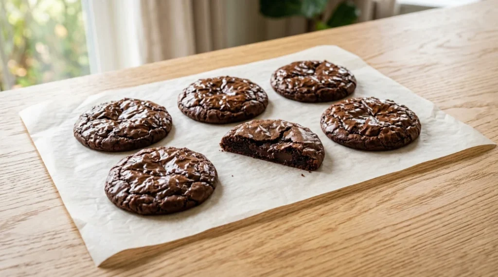 Best brownie cookies recipe showing several freshly baked, shiny crinkle-topped brownie cookies on parchment paper, with one cookie broken open to reveal a rich, fudgy center, all on a light oak wooden surface.