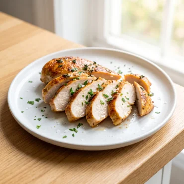 Best chicken breast recipe showing a perfectly cooked, juicy chicken breast sliced and garnished with parsley and thyme on a white plate resting on a bright light oak wooden table.