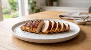 Best chicken breast recipe showing a perfectly cooked, juicy chicken breast sliced against the grain on a white plate resting on a bright light oak wooden table.