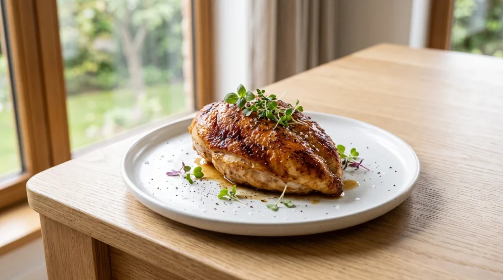 Best chicken breast recipe showing a whole, perfectly golden-crusted chicken breast garnished with fresh microgreens on a white plate over a bright, light oak wooden table.