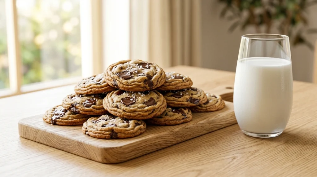 Best chocolate chip cookies recipe card cover showing a pile of chewy, salted chocolate chunk cookies on a light oak wooden board next to a tall glass of cold milk.