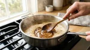 A close-up of a hand using a wooden spoon to stir foaming, browned butter in a metal saucepan on a stovetop, a crucial step for the best chocolate chip cookies recipe.