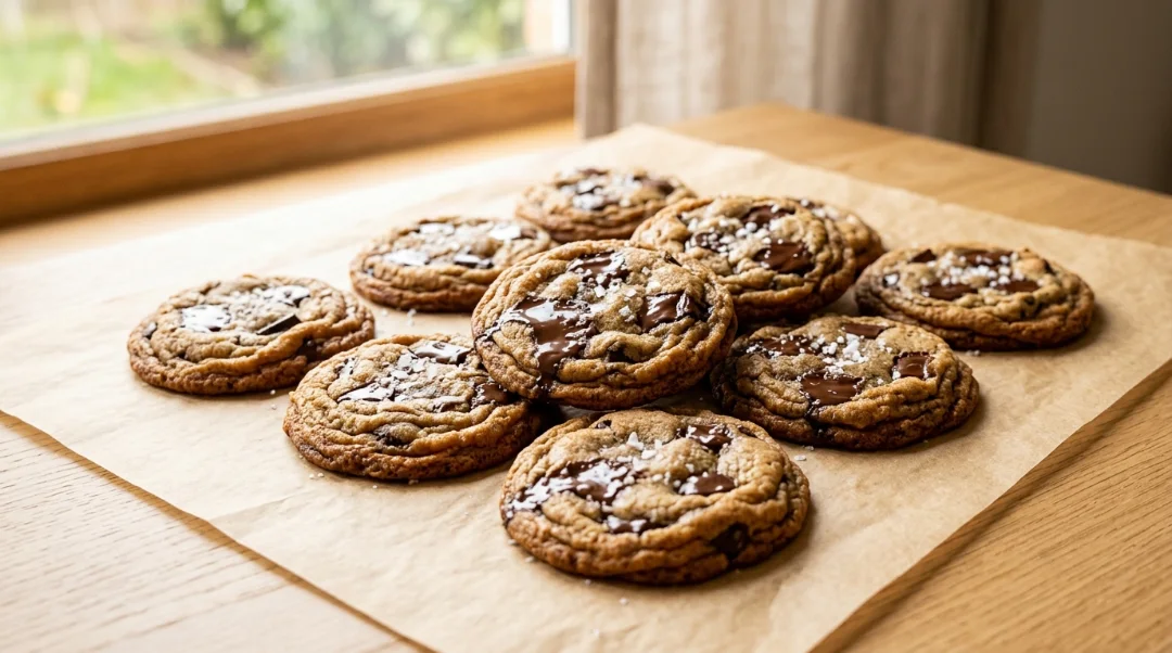 Best chocolate chip cookies recipe showing a freshly baked batch of thick, golden-brown cookies with melted chocolate pools and sea salt on parchment paper over a light oak wooden counter.