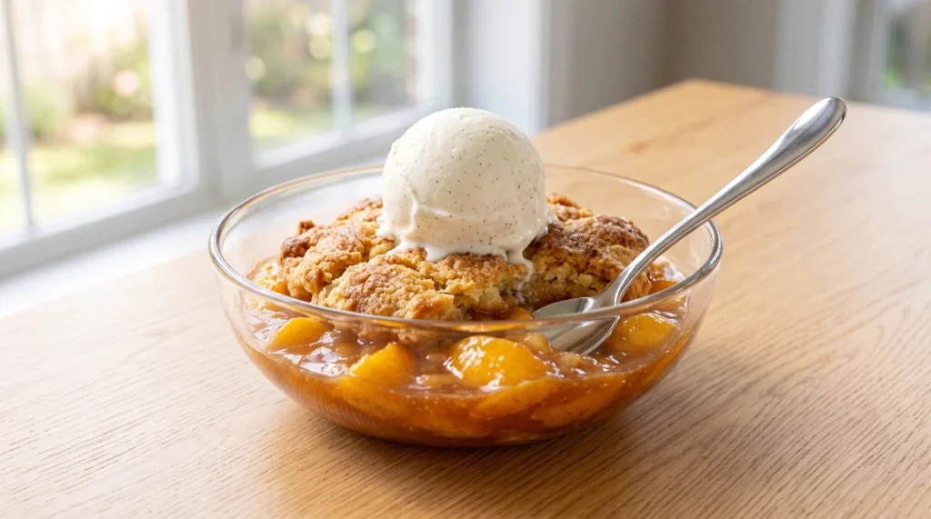 Best peach cobbler recipe serving idea showing a warm portion of golden biscuit crust and bubbling peaches in a clear glass bowl, topped with vanilla bean ice cream with a metal spoon ready for eating.