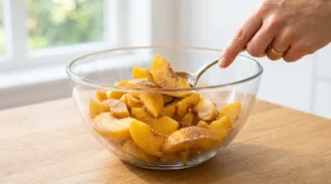 Best peach cobbler recipe preparation showing a hand using a metal spoon to gently toss freshly sliced peaches with sugar, cinnamon, and spices in a large glass bowl on a light wooden table.