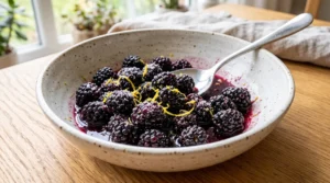 Fresh blackberries tossed with sugar and lemon zest sit in a ceramic bowl with a silver spoon on a light oak table.