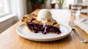 A thick slice of blackberry pie topped with a scoop of vanilla ice cream sits on a white ceramic plate on a light oak table.