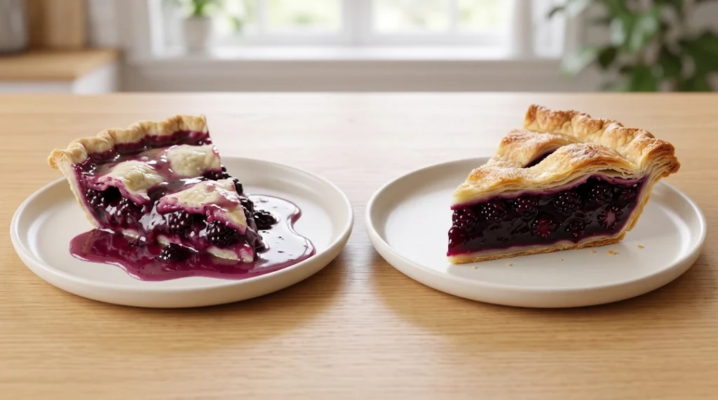 A side-by-side comparison shows a runny blackberry pie slice on the left and a perfectly thick, set slice on the right on a wooden table.