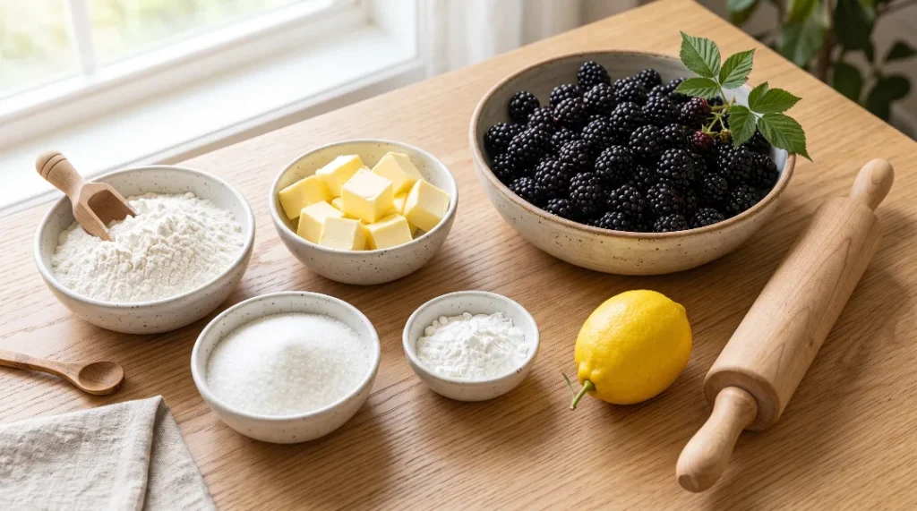 Fresh blackberries, cubed cold butter, flour, sugar, cornstarch, a lemon, and a wooden rolling pin sit on a light oak table.