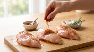 Boneless skinless chicken breast recipe preparation showing a hand sprinkling a vibrant red spice blend over oiled raw chicken breasts on a light oak wooden cutting board.