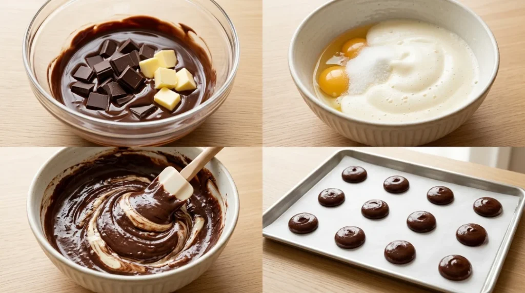 Brownie cookies recipe for beginners step-by-step collage showing dark chocolate and butter melting, eggs and sugar being beaten, the rich batter being folded, and raw cookie dough portions on a parchment-lined baking sheet.