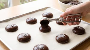 Brownie cookies recipe with sea salt preparation showing a hand using a metal scoop to place rounds of chocolate batter onto a parchment-lined baking sheet, topped with a pinch of flaky salt.