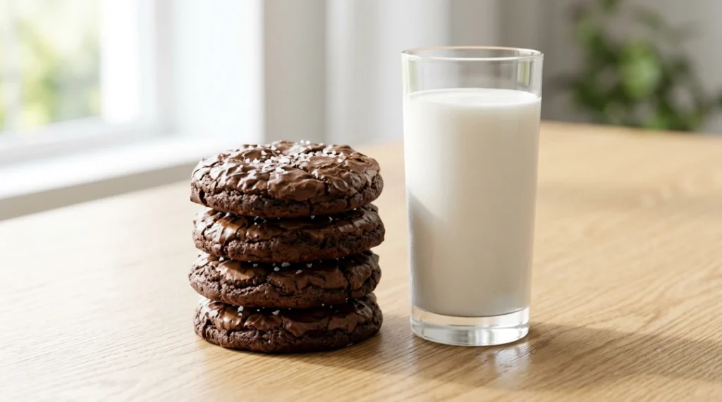 Brownie cookies recipe with sea salt serving idea featuring a stack of four glossy, crinkle-topped chocolate brownie cookies next to a tall, refreshing glass of milk on a light oak wooden table.