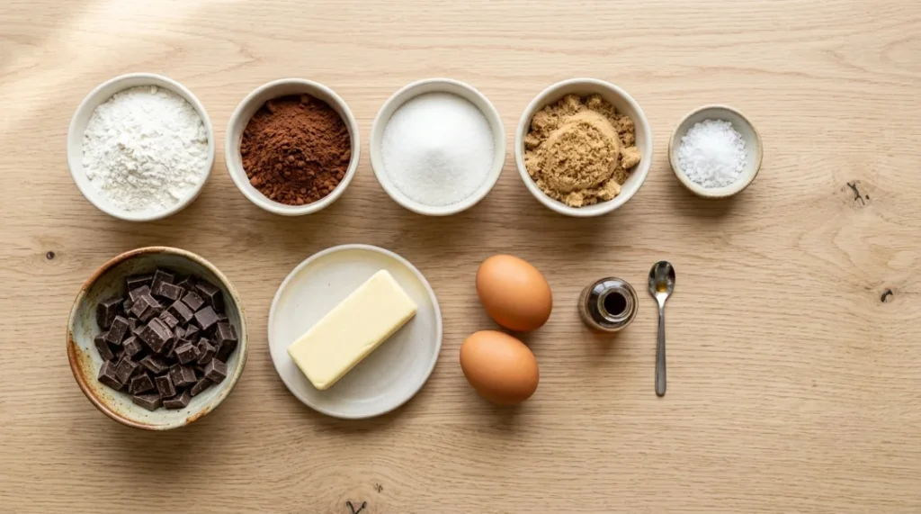 Brownie cookies from scratch ingredients flat lay showing chopped dark chocolate, a stick of butter, fresh eggs, vanilla extract, and bowls of flour, cocoa powder, granulated sugar, brown sugar, and sea salt on a light oak wooden counter.