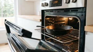 Cast iron peach cobbler recipe preparation showing an empty black skillet preheating inside a modern oven set to 375 degrees Fahrenheit.