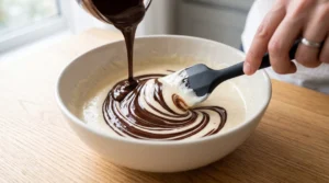 Chewy brownie cookies recipe preparation showing a rubber spatula gently folding dark melted chocolate into a pale, whipped egg foam in a white bowl on a light oak wooden counter.