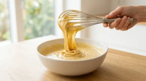 A wire whisk lifting a smooth, ribbony batter from a white ceramic bowl for a chewy chocolate chip cookies recipe.