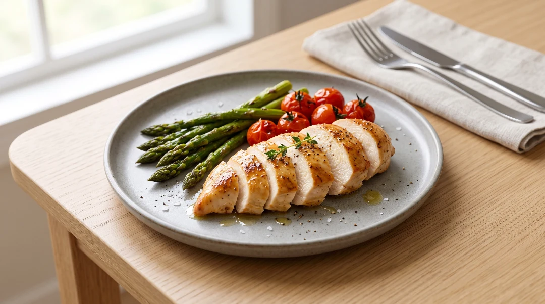 Chicken breast recipe card cover showing a beautifully plated, sliced golden chicken breast served with roasted asparagus and cherry tomatoes on a light oak wooden table.