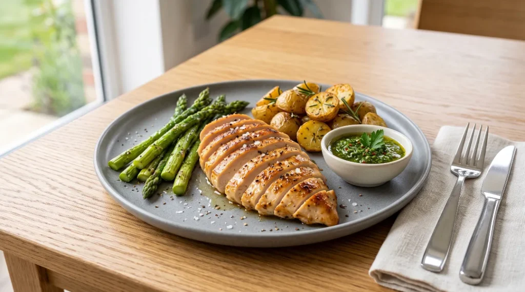 Chicken breast recipe for dinner featuring perfectly sliced golden chicken, roasted asparagus, crispy baby potatoes, and a fresh herb sauce on a grey plate over a light oak wooden table.