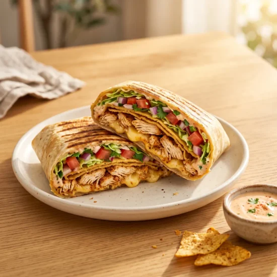 Homemade chicken crunch wrap recipe shown on a recipe card cover with prep and cook times.
