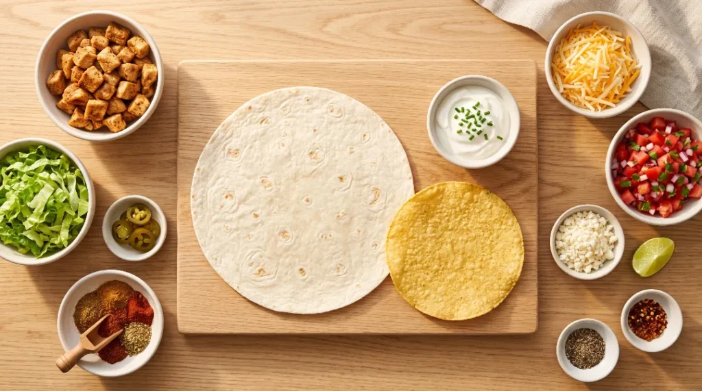 A flat lay showing chicken crunch wrap recipe ingredients including tortillas, tostada, chicken, cheese, lettuce, tomatoes, and spices on a wooden surface.